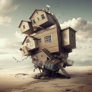 Surreal gestapelte Häuser Strand Sand Meer Wolken Vögel