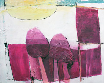 „Frambozenbos – Expressionistisch schilderij in magenta en geel“