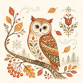 Chouette décorative de style folk sur une branche (AI) (automne, calme, douceur, couleurs, bohème, folklore)