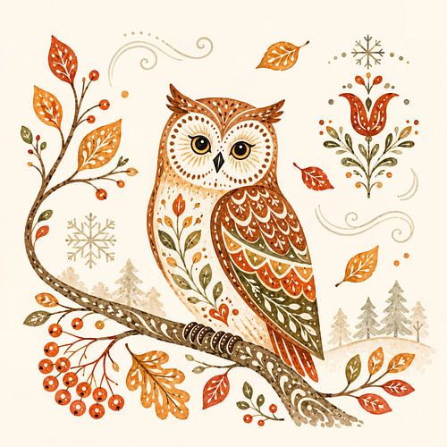 Decoratieve folk art uil op tak (AI) (herfst, rustig, zachte, kleuren, bohemien, folklore)