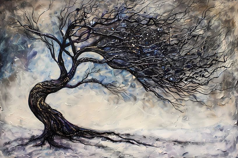 Dynamic abstract winter tree with snow by Art & Soul Creations