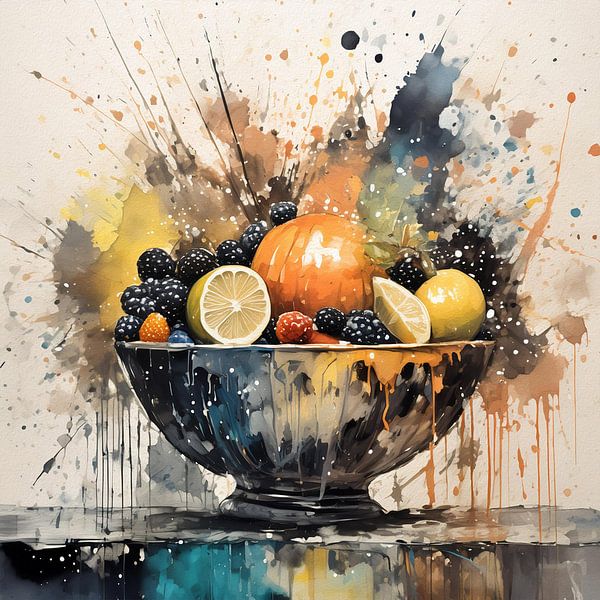 Stillleben Obstschale mit Mischtechnik von Emiel de Lange