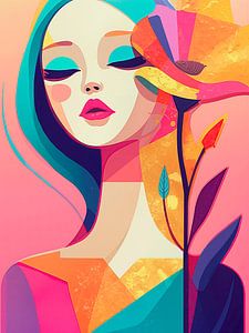 Abstraktes Pop-Art-Porträt einer Frau mit Blume