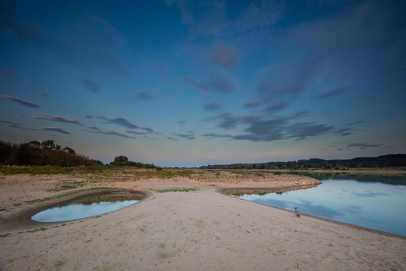Sonnenuntergang Elbe in Deutschland mit Flare von Wolken und Reflexion des blauen Himmels von Joost Adriaanse
