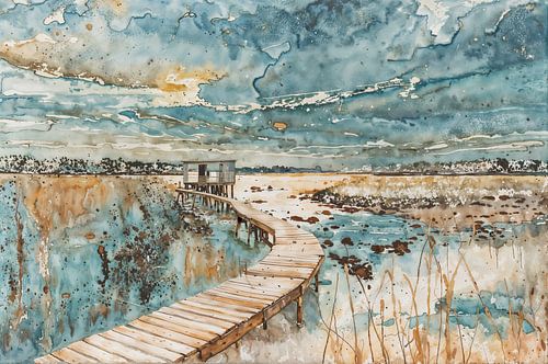 Silence in the Marsh - Watercolour of a Bird Watching Lodge