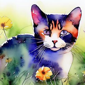 Illustration d'un chat dans un jardin fleuri sur Patricia Hofmeester