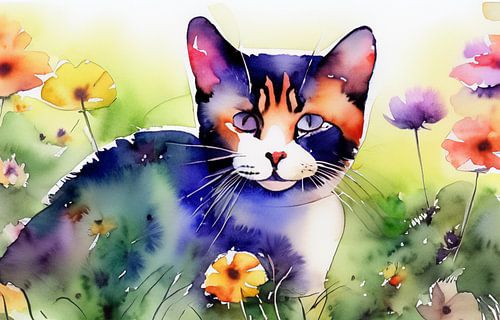 Illustration einer Katze im Garten mit Blumen von Patricia Hofmeester