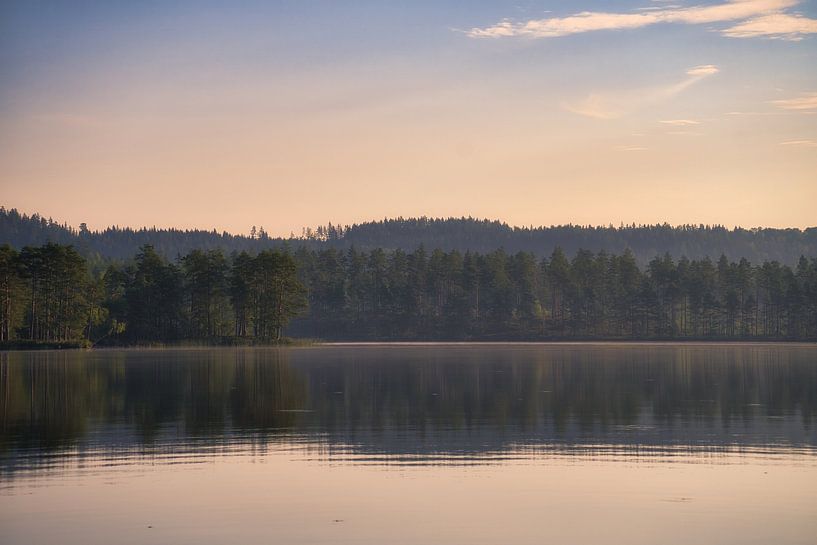 Lake in Sweden with white clouds, blue water and trees on the shore by Martin Köbsch
