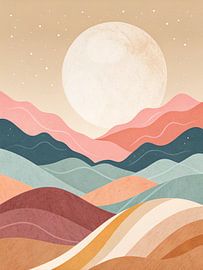 Celestial Dreamscape: Abstrakte wellenförmige Berge unter einem riesigen Vollmond mit funkelnden Sternen von Artistic