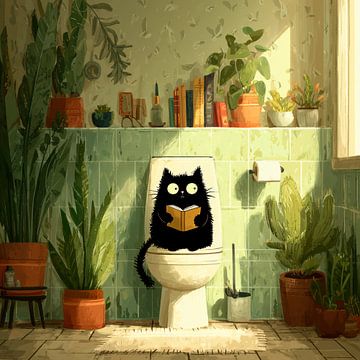 Black cat on the toilet reads in peace by Erika Kaisersot