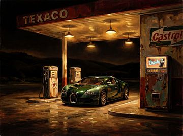 Grüner Bugatti Veyron an einer Texaco-Tankstelle