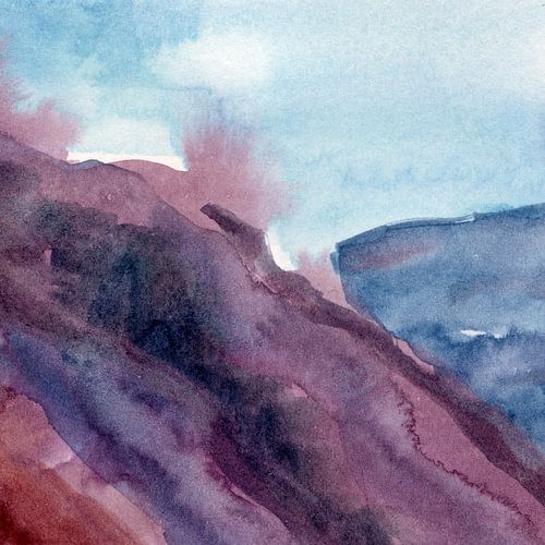 Modern abstract aquarel landschap in paars, donkerroze, aubergine, warm bruin en blauw