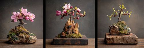 Drie bloeiende bonsai op verweerd hout stilleven panorama
