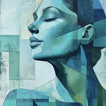 Kubistisch Vrouwenportret in Blauw en Groen van Color Square