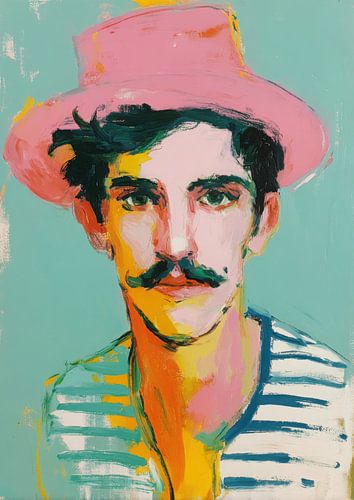 Portret van een man met een roze hoed