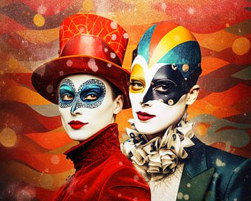 Life is a Feast, colourful masquerade portrait by Vlindertuin Art