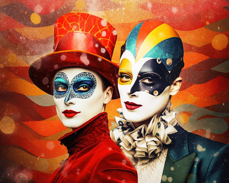 Life is a Feast, colourful masquerade portrait by Vlindertuin-Art