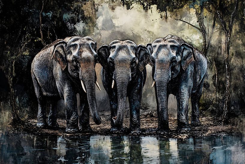 Trois éléphants près de l'eau par Art & Soul Creations