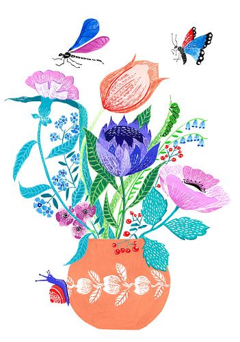 Vaas met moderne bloemen en insecten