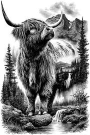 Gedetailleerde vintage lijntekening van een Schotse Highland-koe