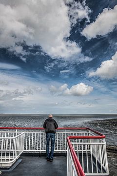 Veerboot tussen Holwerd en Ameland en een rode railing by Harrie Muis