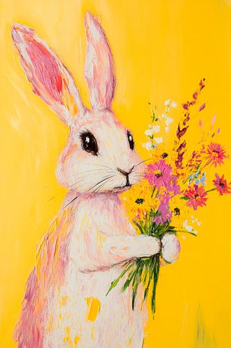 Konijntje met bloemen op gele achtergrond