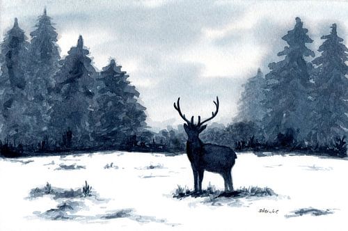 Winter landscape deer in front of the forest clearing