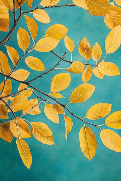 Yellow leaves blue background by Imperial Art House