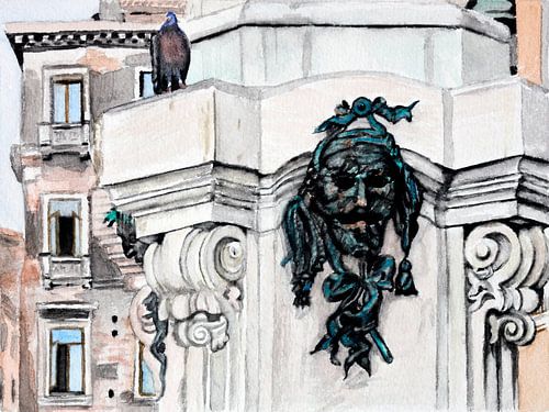 Kopfskulptur an Sockel mit Taube, Venedig