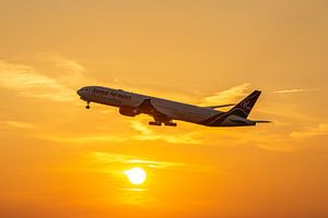 Kenya Airways Boeing 777 und untergehende Sonne.