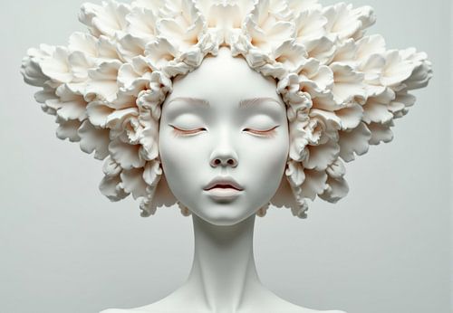 Porseleinen sculptuur van een vrouw met bloemenhoofdtooi