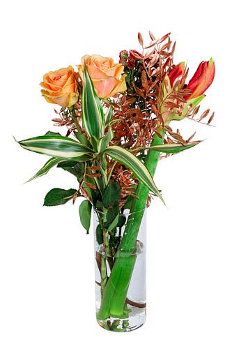 Boeket met roos en amaryllis in een vaas op wit H