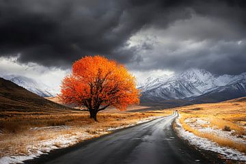 Herfstboom op een landweggetje van Poster Art Shop