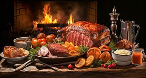 Christmas roast on a wooden table with fireplace in the background by Animaflora PicsStock