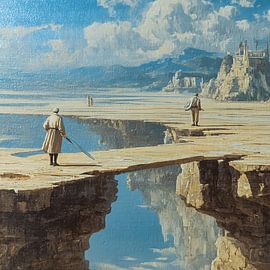 Gruselige Pyramidenbrücke im nebligen Abgrund von Aden Pink Studio