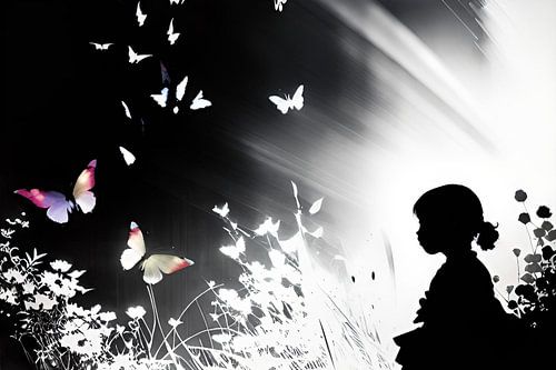 Het meisje en de kleurrijke vlinders in een zwart-witte wereld