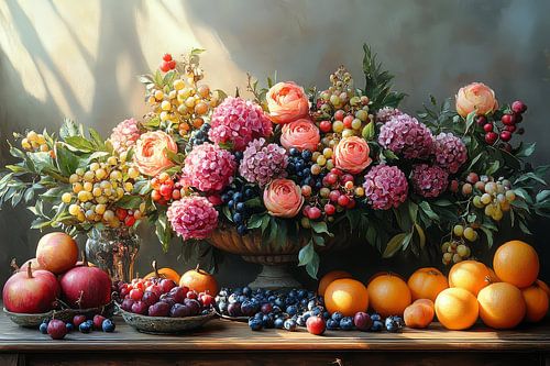 schilderachtig stilleven met bloemen en fruit