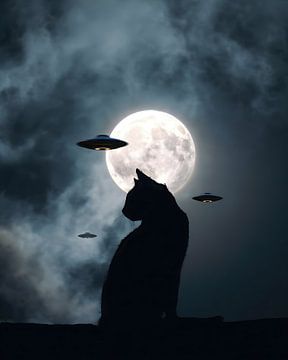 Black Cat & Ufo in het donker van Gapran Art