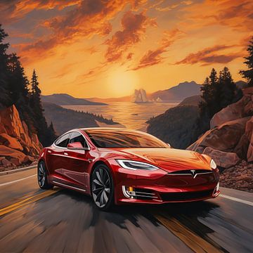 Coucher de soleil sur la Tesla model s sur TheXclusive Art