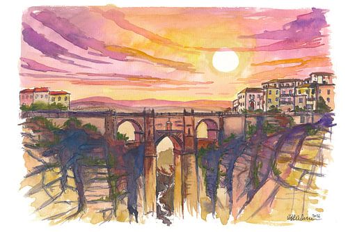 Ronda, Spanien Gemälde mit Puente Nuevo und dramatischem Blick auf die Schlucht