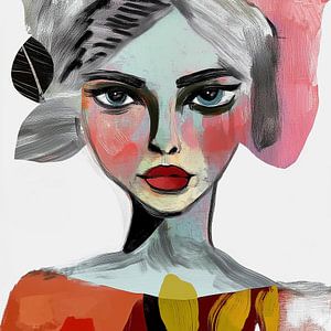 Fragmente 02; farbenfrohes Porträt einer Frau in Rot, Rosa, Blau und Gelb, das mit dicken schwarzen Linien und Blättern als botanischem Touch gestaltet ist