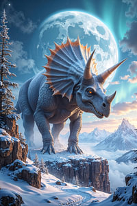 Fantasy Art Wandbild: KHALDORYN - Ein Dinosaurier Triceratops auf einem Berg im Winter