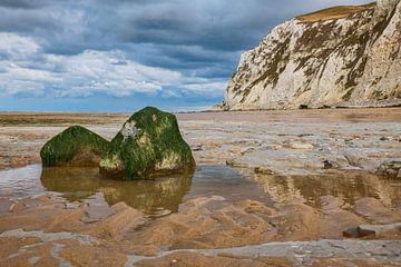 marée basse sur la plage du cap blanc nez en france avec les falaises de craie blanche