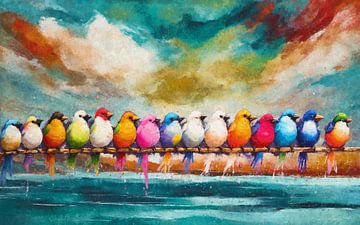Kleurrijke Vogels op een rij - Expressief Schilderij van Arjen Roos