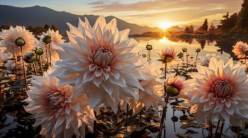 Dahlia's bij een meer bij zonsondergang