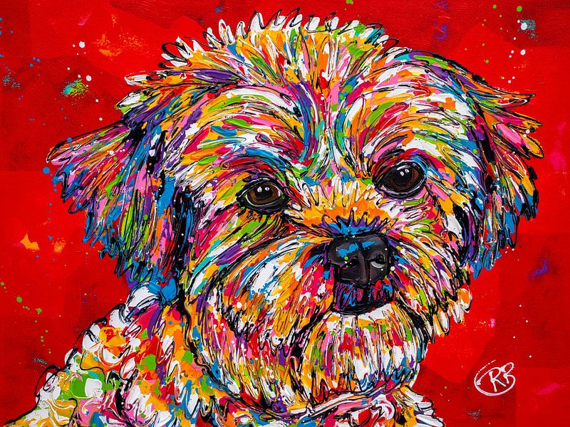 Cute dog on red by Happy Paintings / Renata Rolefes