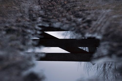 Reflection of fence in puddle