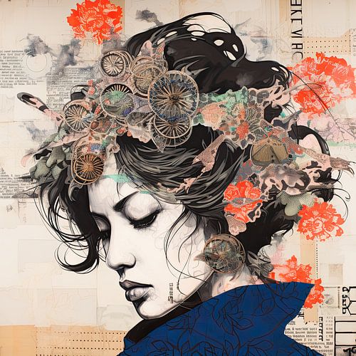 Vrouwenportret collage Japanse stijl
