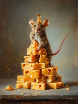 Feestelijke muis met kaasberg – humoristisch olieverfschilderij