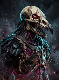 Cybernetic Plague Doctor Bird Skull Glowing Red Eye Post-Apocalyptic Graphic Design by Riswan Ratta